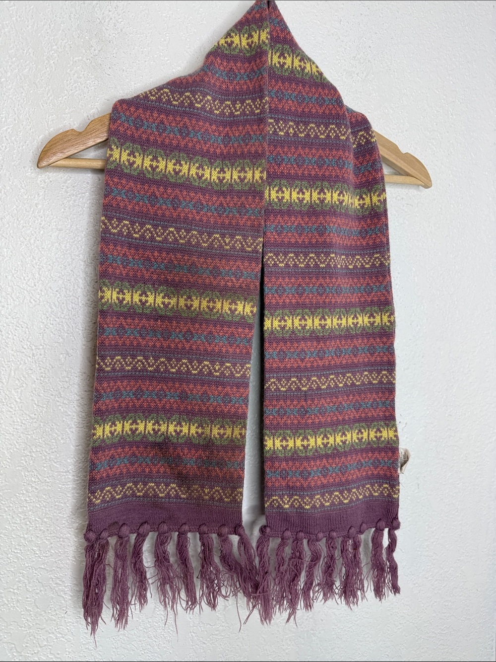 Vintage Old Navy Fair Isle Knit Fringe Scarf Purple Boho Cottagecore Y2K 90s